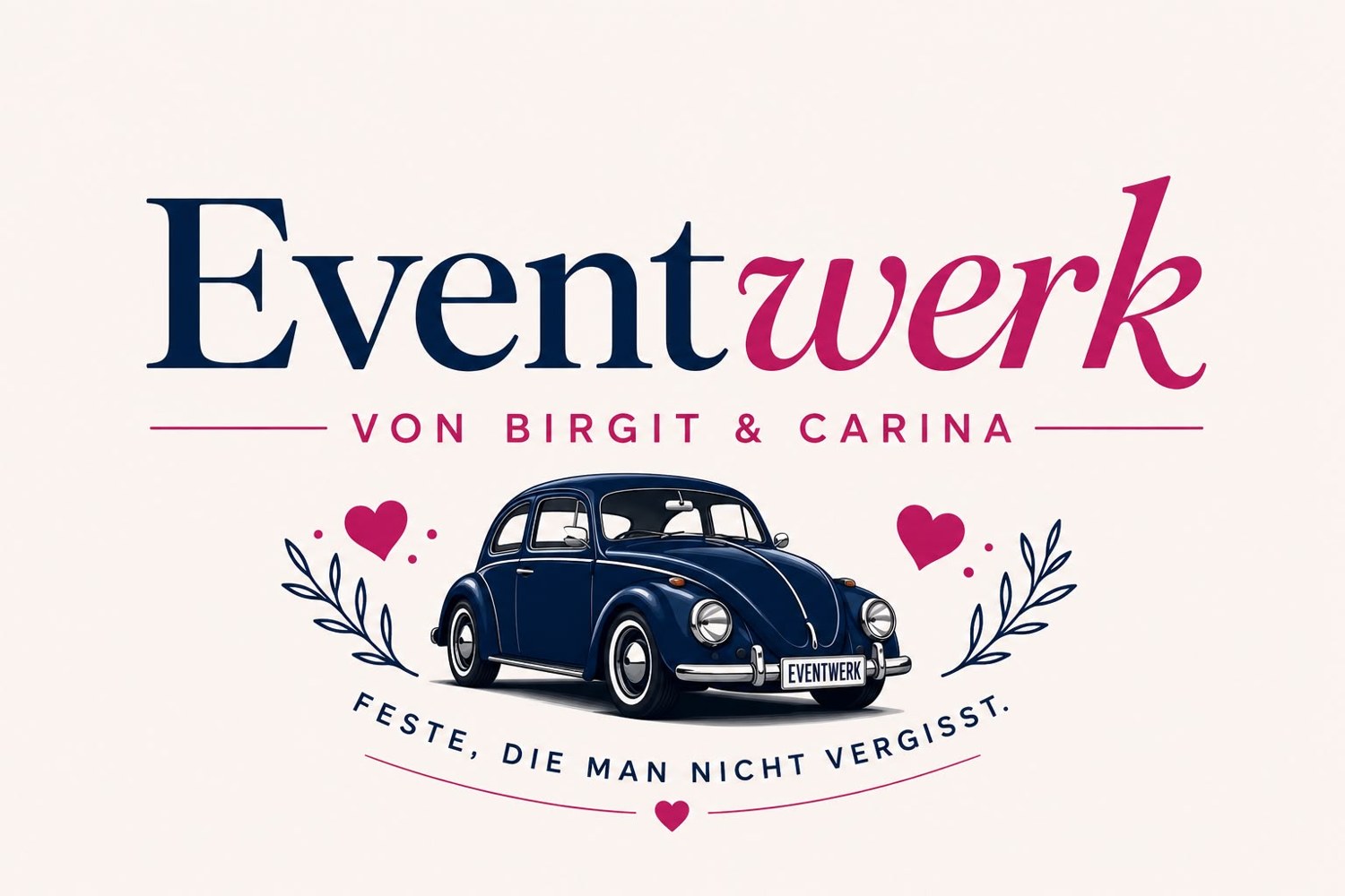 Eventwerk von Birgit und Carina, Logo mit blauem Käfer und dem Slogan: Feste, die man nicht vergisst.